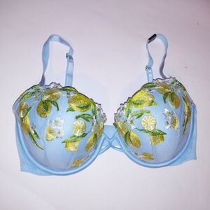 Victoria Secret Bra 34DD Lined Demi Blue Yellow Lemons Embroidered Dream Angels